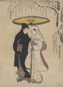 Junge Liebende gehen zusammen unter einem Regenschirm im Schneesturm von Suzuki Harunobu
