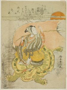 Junger Mann reitet auf einer Riesenschildkröte (Parodie auf Urashima Taro) von Suzuki Harunobu