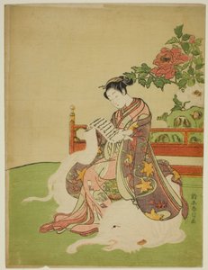 Junge Frau auf einem weißen Elefanten sitzend (Parodie auf den Bodhisattva Fugen) von Suzuki Harunobu
