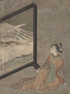 Junge Frau mit Pfeife in der Hand, die auf eine Landschaft auf einem Bildschirm schaut von Suzuki Harunobu