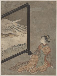 Junge Frau mit einer Pfeife in der Hand betrachtet eine auf einen Wandschirm gemalte Landschaft von Suzuki Harunobu