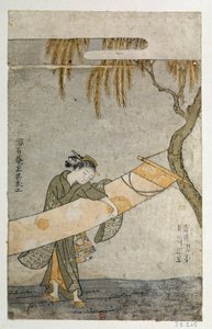 Junge Frau, die ein Kakemono an einen Baum bindet von Suzuki Harunobu