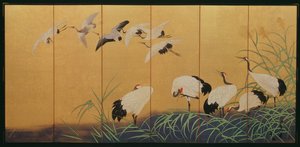 Sechsteilige Paravent, der Schilf und Kraniche darstellt, Edo-Periode, japanisch, 19. Jahrhundert von Suzuki Kiitsu