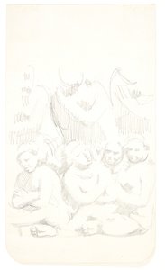 Gruppe mit sitzenden Figuren mit verschränkten Armen im Vordergrund. Studienblatt nach Reliefs in Borobudur, Java. von Svend Rathsack
