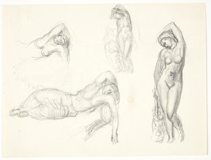 Studienblatt mit vier Entwürfen für die Figuren "Eva" und "Schlafendes Mädchen" von Svend Rathsack
