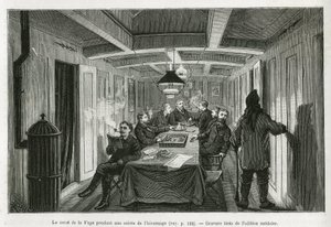 Der Platz von La Vega, während eines Winterabends, und die Aktivitäten der Besatzung: Lesen, Schach- und Backgammonspiele sowie Likörverkostung. Gravur aus der schwedischen Ausgabe, um die Geschichte "Reise der Vega um Asien und Europa" von Adolf Erik Nord von Swedish School