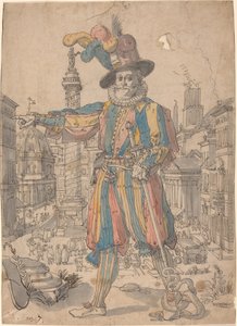 Giovanni Grosso von der Schweizergarde vor einer Ansicht von Rom von Swiss 17th Century after Francesco Villamena