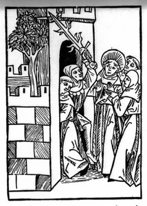 Die Legende des Heiligen Brendan (Brandan), Held und irischer Heiliger des 6. Jahrhunderts. Einer der Mönche wird eingesperrt. Gravur aus „Die Wunderbare Meerfahrt des Hl. Brandan“ Basel von Swiss School
