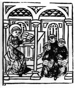 Die Legende des Heiligen Brendan (Brandan), Held und irischer Heiliger des 6. Jahrhunderts. Der Heilige erzählt seinen Mitbrüdern im Kloster die Wunder des Meeres. Gravur aus „Die Wunderbare Meerfahrt des Hl. Brandan“ Basel von Swiss School