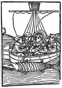 Die Legende von Sankt Brendan (Brandan), Held und irischer Heiliger des 6. Jahrhunderts: Die Begegnung mit dem riesigen Fisch Isconius. Gravur aus „Die Wunderbare Meerfahrt des Hl. Brandan.“ Basel von Swiss School
