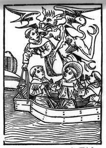 Die Legende von Saint Brendan (Brandan), Held und irischer Heiliger des 6. Jahrhunderts. Der Teufel nimmt den Dieb-Mönch mit. Gravur aus „Die Wunderbare Meerfahrt des Hl. Brandan“. Bale von Swiss School