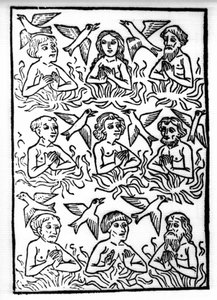 Die Legende von Sankt Brendan (Brandan), Held und irischer Heiliger des 6. Jahrhunderts: Die Feuer des Fegefeuers und die Feuer Vögel. Gravur aus „Die Wunderbare Meerfahrt des Hl. Brandan“. Basel