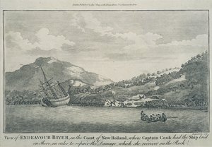 Kapitän Cook, nach einem Schiffbruch auf seiner Weltreise, lässt die Endeavour in einem Hafen auf einer der Hope-Inseln reparieren, ca. 1786 (Gravur) von Sydney (after) Parkinson