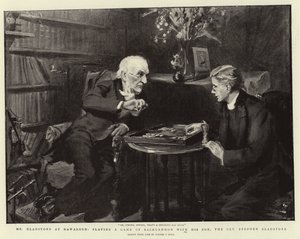 Mr. Gladstone in Hawarden, spielt ein Spiel Backgammon mit seinem Sohn, dem Reverend Stephen Gladstone von Sydney Prior Hall