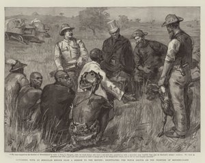 Rückkehr mit den Gesandten von Lo Bengula von einer Mission zu den Briten, Beschwichtigung des Hexendoktors an der Grenze von Matabeleland von Sydney Prior Hall