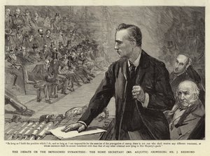 Die Debatte über die inhaftierten Dynamiter, der Innenminister (Mr. Asquith) beantwortet Mr. J. Redmond von Sydney Prior Hall