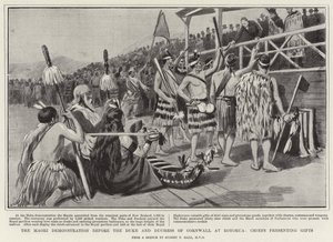 Die Maori-Demonstration vor dem Herzog und der Herzogin von Cornwall in Rotorua, Häuptlinge präsentieren Geschenke von Sydney Prior Hall