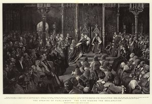 Die Eröffnung des Parlaments, der König unterzeichnet die Erklärung von Sydney Prior Hall