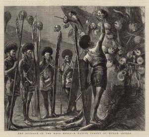 Das Verbrechen in den Naga-Hügeln, eine einheimische Trophäe menschlicher Schädel von Sydney Prior Hall