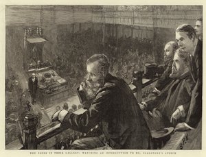 Die Peers in ihrer Galerie, beobachten eine Unterbrechung von Mr. Gladstones Rede von Sydney Prior Hall
