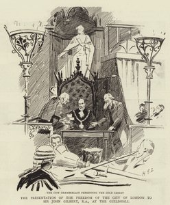 Die Verleihung der Freiheit der Stadt London an Sir John Gilbert, RA, in der Guildhall von Sydney Prior Hall