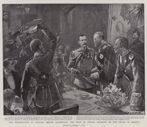 Die Präsentation an Oberst Hector MacDonald, der Herzog von Atholl schnallt das Ehrenschwert an