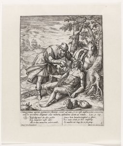 Der barmherzige Samariter versorgt die Wunden des überfallenen Reisenden von Symon Novelanus