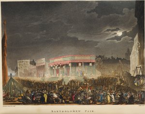 Bartholomäusmesse. Erstmals 1813 abgehalten, war sie ein jährliches Ereignis, jeden August in der Nähe von Smithfield und war Londons am längsten laufendes Straßentheater. von T. & Pugin A.C. (1762 1832) (after) Rowlandson