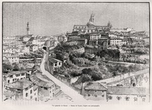 Gesamtansicht von Siena (Italien). Gravur von Taylor zur Illustration der Geschichte „A travers la Tuscane“ von Eugene Muntz (1845-1902), in Le tour du Monde 1892, unter der Leitung von Edouard Charton (1807-1891), Hachette, Paris. von T Taylor