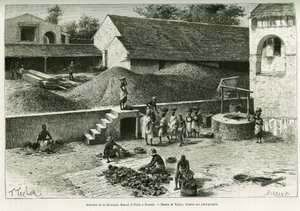 Im Inneren der Faktorei Maurel und Prom, in Boulam, Erdnüsse, Palmkerne und Gummi verarbeitend. Gravur von Taylor, nach einer Fotografie, zur Illustration der Geschichte Voyage dans la Sénégambie et la Guinée portugaise, 1888, von Kapitän A. Brosselard von T Taylor