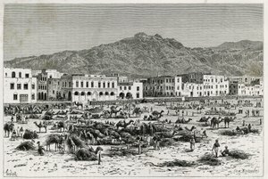 Der Marsch von Aden (Jemen). Taylors Gravur zur Illustration der Geschichte „Reise nach Benadir, Somalis und Bayoun“ 1882-1883, von M.G. Revoil. Veröffentlicht in Le Tour du monde, nouveau journal des voyages von T Taylor