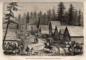 Der Bahnhof von Cisco, Graf von Placer (Nevada), wo man den Expresszug der Pacific Railway (Pacific Railway) nehmen kann, graviert nach Taylors Zeichnung, zur Illustration der Reise von Washington nach San Francisco im Jahr 1868, von L. Simonin, veröffentl von T Taylor