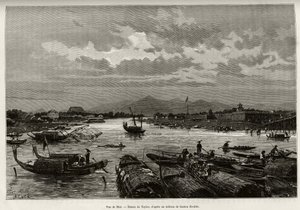 Ansicht von Hue (Vietnam), mit Beschreibung der Navigation auf dem Song Huong Fluss und der Thien Mu Pagode, hinter den Umfassungsmauern. Gravur von Taylor, zur Illustration der Geschichte 