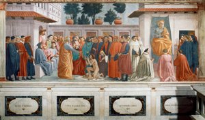 Die Auferweckung des Sohnes des Theophilus, des Königs von Antiochia, und St. Peter als erster Bischof von Antiochia, ca. 1427 und ca. 1480 von T. Masaccio, F. Lippi