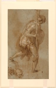 Soldat läuft: Studie für Figur im linken Vordergrund, "Verrat an Christus," Rom, S. Maria della Consolazione, Matttei-Kapelle; Separate Studien von zwei Köpfen von Taddeo Zuccaro