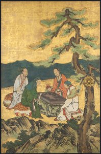Ein Spiel von Go, aus den Vier Errungenschaften, Anfang des 17. Jahrhunderts (Schiebebildschirm; Tinte, Farbe und Gold auf Papier) von Takanobu Kano