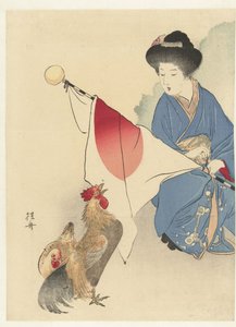 Frau mit japanischer Flagge und einem Hahn