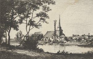 Stadt mit Kirche an einem Fluss, 19. Jahrhundert