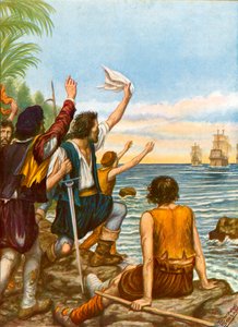 Diego Masques, Kapitän eines der Schiffe der zweiten Expedition von Christoph Kolumbus, auf einer Insel mit acht Männern zurückgelassen von Tancredi Scarpelli