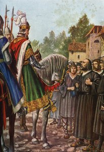 Kaiser Friedrich I. Barbarossa auf seiner zweiten Reise nach Italien 1158, überquert den Fluss Adda und trifft die Menschen von Lodi von Tancredi Scarpelli