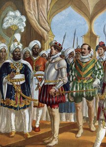Portugiesischer Navigator Pedro Alvares Cabral (1460-1526) am Hof des Königs (Zamorin) von Calicut (Kozhikode) am 13.09.1500, um die Einrichtung eines Handelsstützpunkts zu verhandeln, Indien von Tancredi Scarpelli