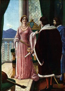 Königin Johanna II. von Neapel (Giovanna di Napoli oder Anjou Durazzo) (1373-1435) ernennt ihren Adoptivsohn Ludwig III. von Anjou (1403-1434) (Königin Johanna II. von Neapel wählt Ludwig III. zum König von Neapel) Illustration von Tancredi Scarpelli (1866