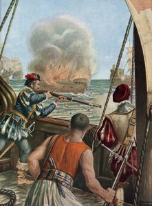 Zweite Expedition nach Indien (1502-1503): Seeschlacht zwischen der portugiesischen Flotte von Vasco de Gama und der von Calicut, die Portugiesen beschießen das muslimische Schiff Miri, das Pilger von Mekka zurückbringt, 3.10.1502 von Tancredi Scarpelli