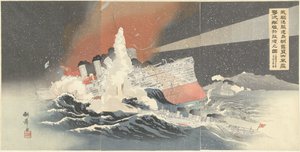 Unsere Torpedobootszerstörer Hayatori und Asagiri zerstören feindliche Schiffe während eines Schneesturms in Port Arthur von Taniguchi Kokyo