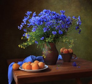 Blaue Kornblumen und Aprikosen von Tatyana Skorokhod