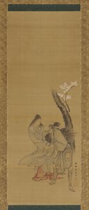 Eine Frau und ein Holzsammler unter einem Kirschbaum von Tawaraya Sōri