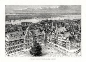 Rathaus und Fluss Schelde, Antwerpen, Belgien, 1879