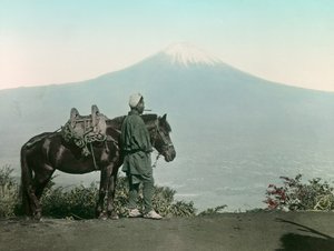 Japanischer Mann mit Pferd auf dem Berg Otome, Toga, blickt auf den Berg Fuji, um 1900 - 1915 (Fotografie)