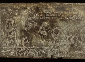 Gravierte Steinplatte, die die Bhojajania Jataka-Geschichte darstellt, aus Wat Si Chum, Sukhothai, 14.-15. Jahrhundert