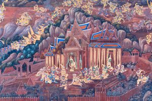 Wandgemälde mit Szenen aus dem Ramayana im Wat Phra Kaeo, dem Königspalast, Bangkok, Thailand